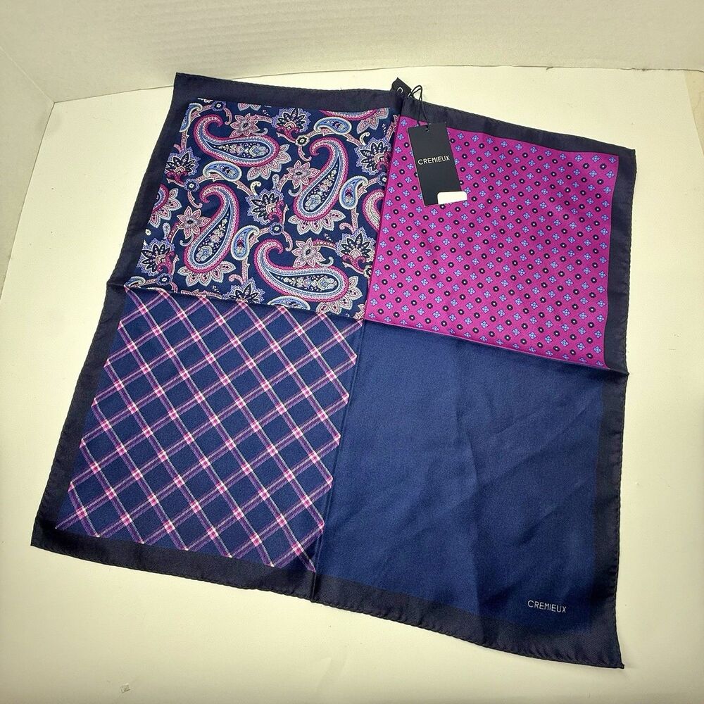 Cremieux Blue Pink 4 Way 100% Silk Pocket Square New